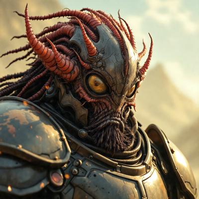 The primary subject of the image is a character with a unique and intricate design, featuring a mix of human and animal elements. The character is wearing a metal suit, which adds to the futuristic and fantastical atmosphere of the scene. The setting is a mountainous landscape, providing a dramatic backdrop for the character. The visual style of the image is a combination of digital art and illustration, creating a striking and detailed representation of the character. The colors and mood of the image are dark and intense, with the character's facial expression and the overall design contributing to the dramatic and intense atmosphere.
